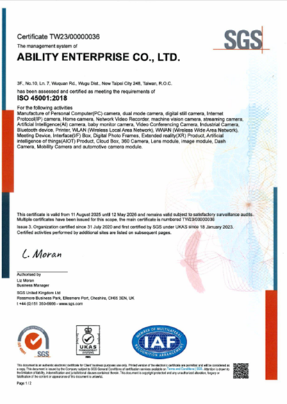 ISO45001_2018 職業安全衛生管理系統 證書(佳能企業)